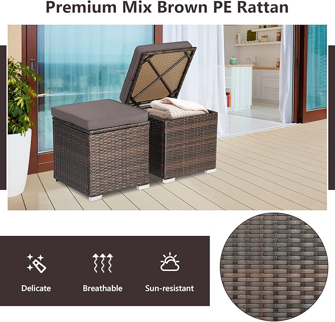 Tangkula 2 Pieces Patio Ottomans, Patiojoy Hand-Woven PE Rattan Side Table with Removable Cushion & Hidden Storage Space, Multifunctional Storage Box, Seats for Patio, Backyard, Poolside (Grey)