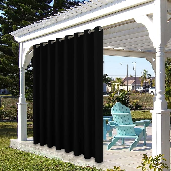 BONZER Extra Wide Waterproof Outdoor Curtains for Patio Heavy Privacy Light Filtering Grommet Outside Curtains for Porch, Pergola, Gazebo, 1 Panel, 150W x 108L inch, Black