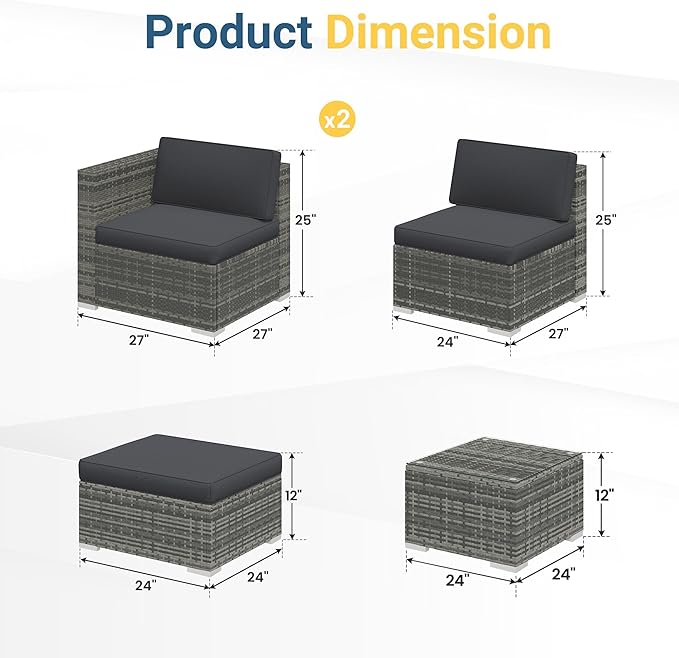Wisteria Lane 5-Pieces Outdoor Patio Furniture Set, All Weather Wicker Rattan Sectional Sofa, Patio Conversation Set with Cushions & Glass Coffee Table for Backyard Porch Garden Balcony, Grey