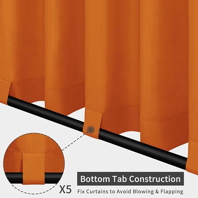 Easy-Going Outdoor Patio Curtains Detachable Tab Top Windproof Weatherproof Curtain for Cabana, Porch, Pergola and Gazebo, Tab Bottom Drape, 2 Panels, 110W x 96L inch, Orange