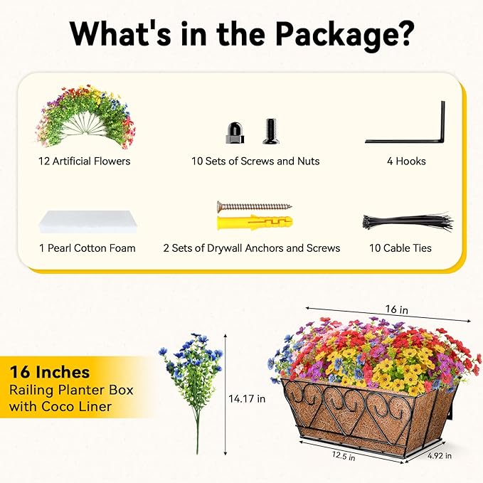ZeeDix 16 Inch Artificial Flowers Hanging Railing Window Planter Box, 12 Pcs UV Resistant Fake Look Real Flowers with Heart-Shaped Deck Railing Planter Boxes for Porch Patio Balcony Garden Home Decor