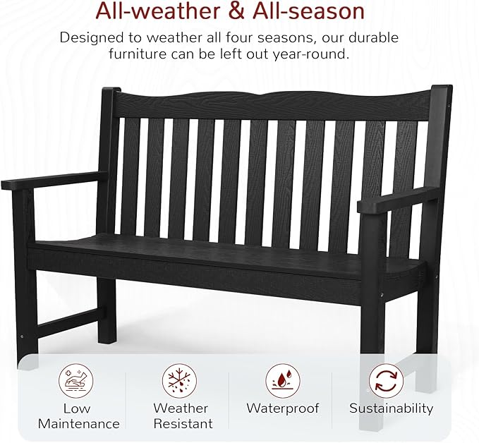 Stoog All-Weather Outdoor Bench & Chairs Set, 3-Piece Patio Furniture Set, Include 1 Garden Bench and 2 Garden Chairs, Never Rot or Fade, Black