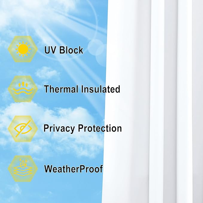 NICETOWN 2 Panels Outdoor Curtains Waterproof Fixed Grommet/Back Tab on Top & Bottom, Thermal Insulated Windproorf Sun Blocking Outdoor Drapes with Rope for Patio/Gazebo, W52 x L84, Pure White
