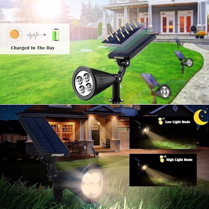 URPOWER Solar Lights Outdoor, Adjustable Spot Lights Outdoor, 2-in-1 Waterproof Landscape Spotlights Wall Light, Dusk-to-Dawn Solar Powered Light for Garden, Yard (2 Pack Warm)