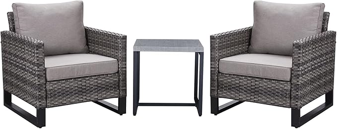 Belord Outdoor Bistro Set 3 Piece Outdoor Wicker Patio Chairs, Oversize Outdoor Rattan Seating Set, All-Weather Chairs Wicker Furniture with Metal Side Table and Water-Resistant Cushion for Outside