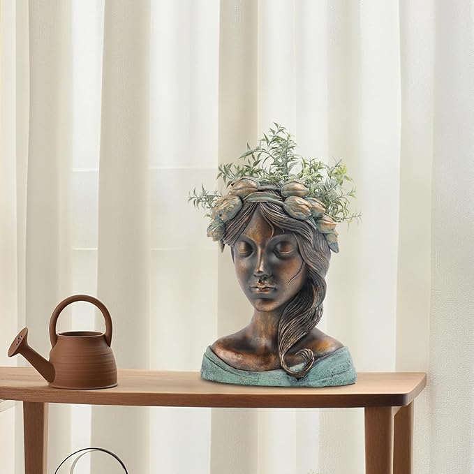 DiliComing Head Planter Face Plant Pots - 10 Inch Flower Pot Succulents Large Outdoor Planters Indoor with Drainage Resin Lady Black Statue for Garden Home Decor Porch Gift for Plant Lovers