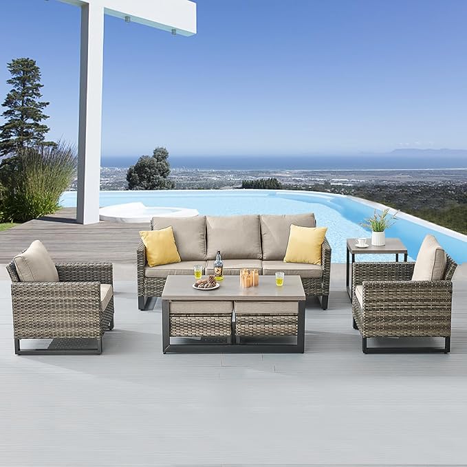 Belord 7 Piece Outdoor Furniture Patio Wicker Sofa Set, Oversize Outdoor Dining Chairs with Rattan Ottomans, Conversation Sets Patio Furniture Come with Removable Washable Cushion Grey