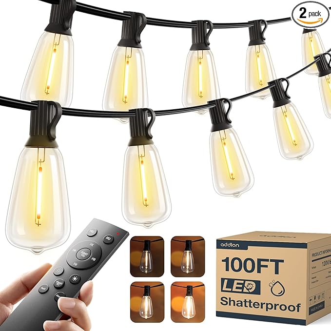 addlon 100FT LED Outdoor String Lights with Remote Waterproof Patio Lights with Shatterproof ST38 Replaceable Bulbs, Dimmable Outside Hanging Light Connectable for Porch, Backyard, 2200K