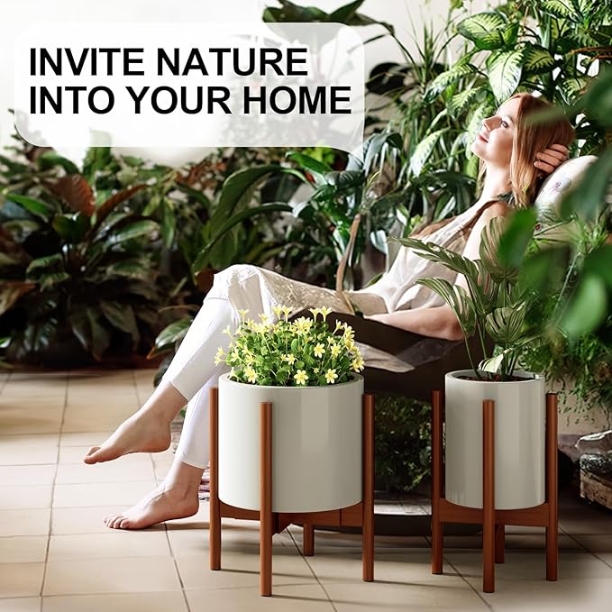 MUDEELA Plant Stand for Indoor Plants: Adjustable Width Fits 8-12 Inch Pots - Mid-century Modern Bamboo Plant Stand - 14.5 Inch Single Tier Small Floor Plant Holder, Dark Brown, 2 Pack (Without Pot)