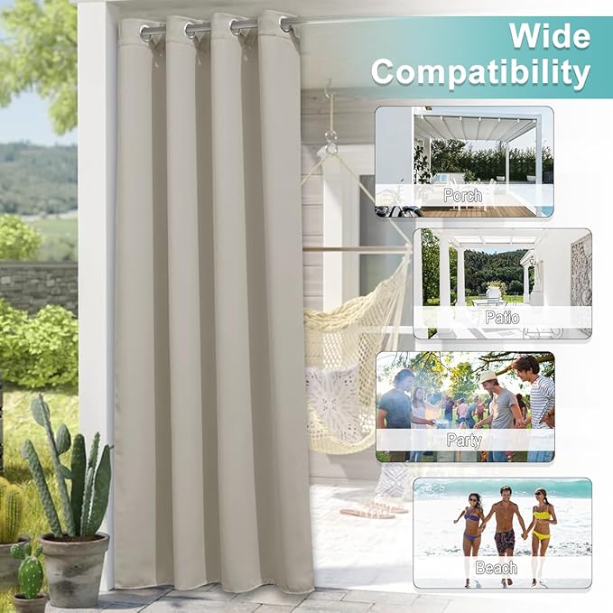 NICETOWN Natural Outdoor Curtains for Patio Waterproof, Thermal Insulated Rustproof Grommet Light Blocking Indoor Outdoor Window Treatment Room Darkening for Gazebo, W52 x L95, 1 Panel