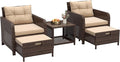 LHBcraft Outdoor Furniture 5 Piece Patio Conversation Set, PE Rattan Patio Set with Soft Cushions & Coffee Table, Outside Furniture with Hidden Ottoman for Porch, Lawn, Garden, Balcony, Brown