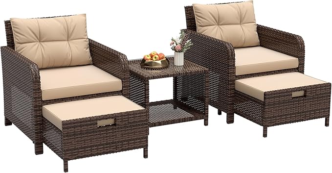 LHBcraft Outdoor Furniture 5 Piece Patio Conversation Set, PE Rattan Patio Set with Soft Cushions & Coffee Table, Outside Furniture with Hidden Ottoman for Porch, Lawn, Garden, Balcony, Brown