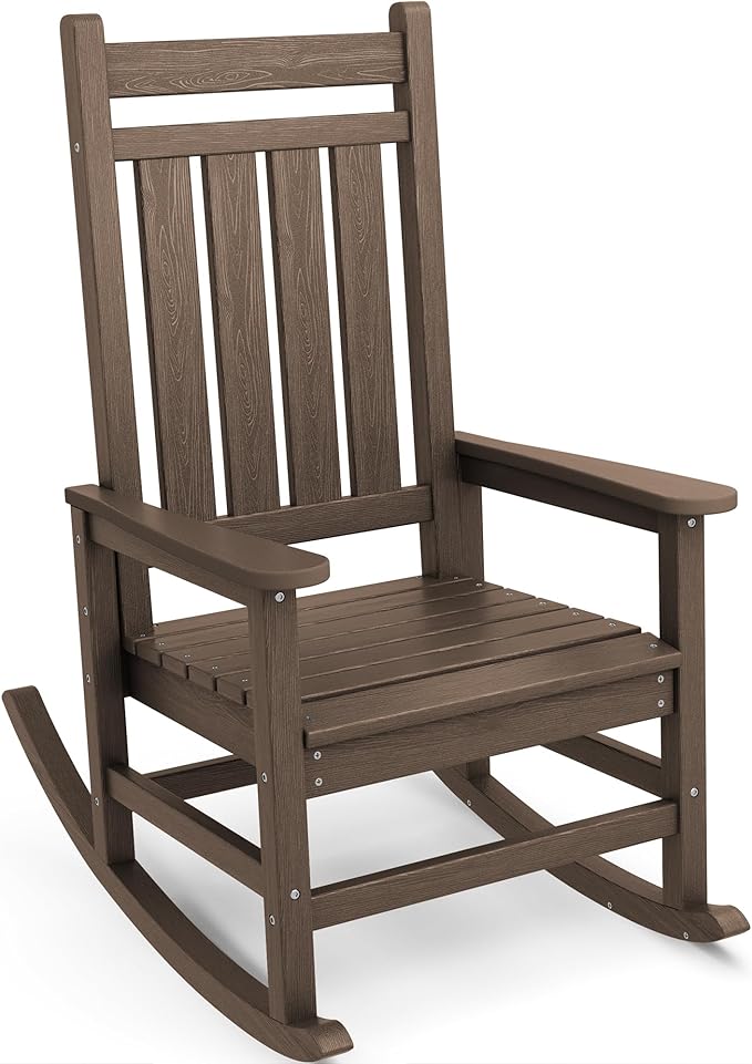 SERWALL Oversized Rocking Chair, Outdoor Rocking Chair for Adults, All Weather Resistant Porch Rocker for Lawn Garden, Brown