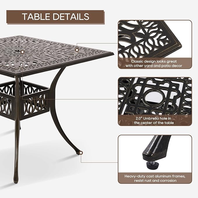 Patio Dining Table,Cast Aluminum Patio Table with Umbrella Hole, Outdoor Bistro Table for Backyard, Garden, Patio (35" Rectangle Dining Table)