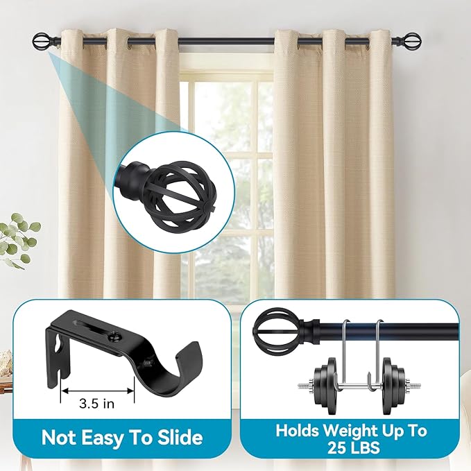 Curtain Rods for Windows 28 to 60 Inch - 2 Pack 5/8” Black Metal Heavy Duty - Decorative Window Small Curtains Rod with Brackets for Kitchen, Bathroom, Sliding Cafe Drapery Rods Door