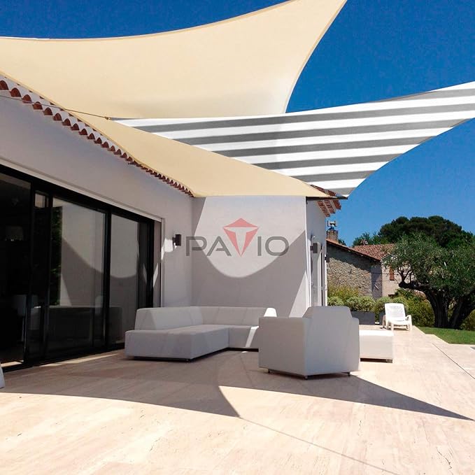 Patio Paradise 14' x 14' x 14' Sun Shade Sail Triangle Canopy Shade Cloth Fabric Sunlight Block Patio Pergola Cover HDPE Deck Awning for Outdoor Backyard Roof Shading, Gray White Strip