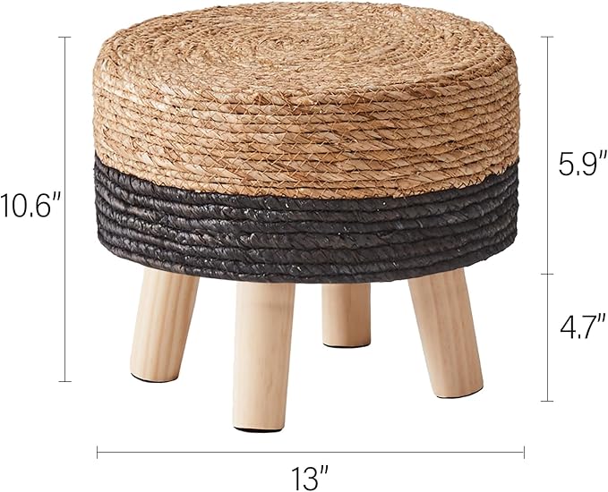 Cpintltr Ottoman Natural Seagrass Footrest Poufs Hand Weave Round Foot Stool for Couch Desk Soft Step Stool Padded Foot Rest with Pine Legs for Living Room Bedroom Natural/Black