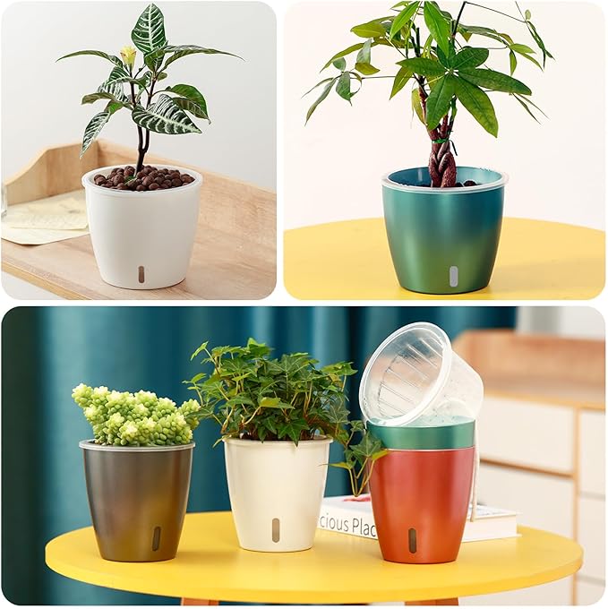 Self-Watering Pots for Indoor Plants, 12-Pack 5'' Self Watering Planter with Drainage Holes, Small African Violet Pots with Water Indicator, Clear Wick Pot, White