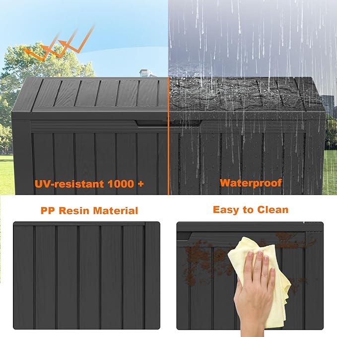 86 Gallon Outdoor Deck Box, Lockable Waterproof Outdoor Storage Boxes For Garden Tools,Indoor Cushions,Accessories Outside Storage Resin Weatherproof Container(Black)
