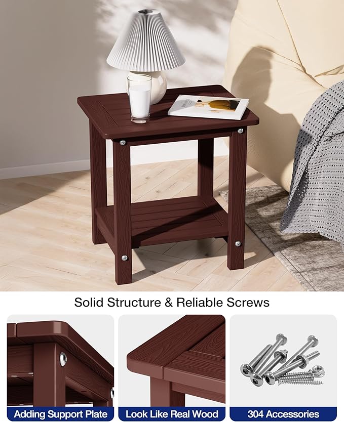 YEFU Outdoor Side Table for Patio: 16" HIPS Weather - Resistant Adirondack Tables Set of 2 - Small Square End Table for Backyard Living Room Bedroom - Indoor Outdoor Double Layer Table Coffee