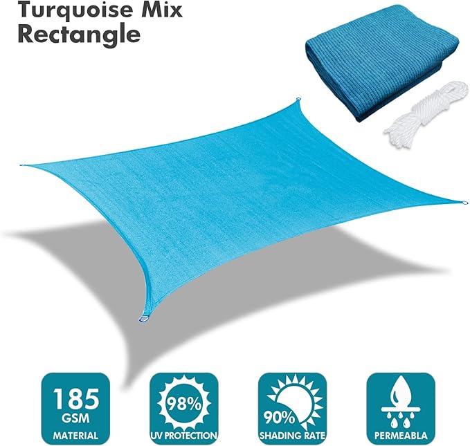 KANAGAWA 7'X8' Turquoise Mix Custom Size Sun Shade Sail Rectangle UV Block Canopy Cover for Patio Backyard Lawn Garden Outdoor (Customized Available)