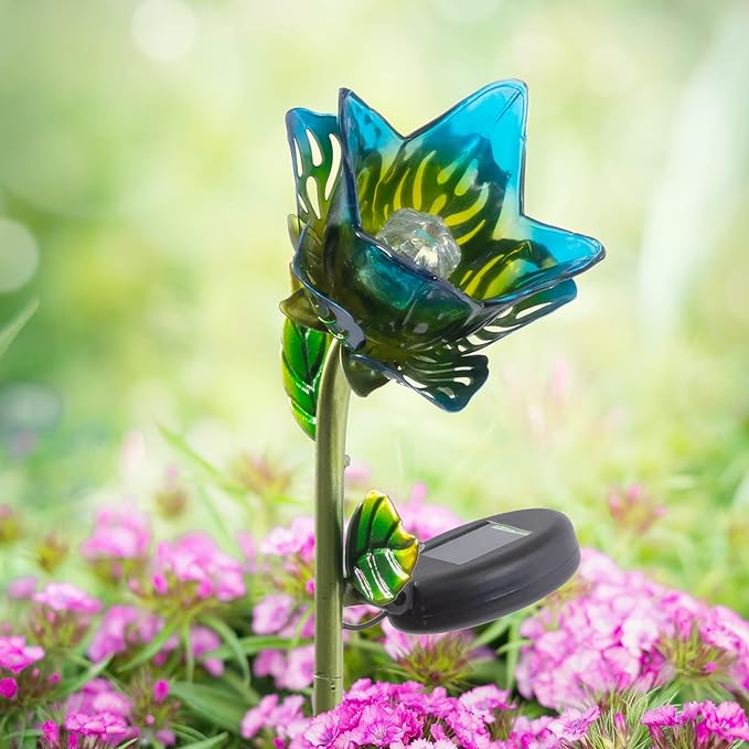 Crosslight Glass Flower Solar LED Waterproof Outdoor Garden Stake - Decorative Electronic Light Garden Decor for Yard, Lawn, Patio, Deck, Pathway, Pond, Backyard (Blue)