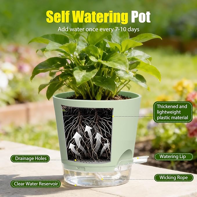 Plant Pots 8 Inch Self Watering Pots, 2 Pack Plastic Planters with Drainage Holes and Clear Saucers,Plastic Flower Pots for Indoor Out Door Plants (Green)