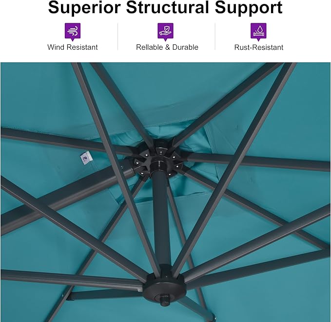 PURPLE LEAF 10 Feet Patio Umbrella Outdoor Cantilever Square Umbrella Aluminum Offset Umbrella with 360-degree Rotation for Garden Deck Pool Patio Turquoise Blue