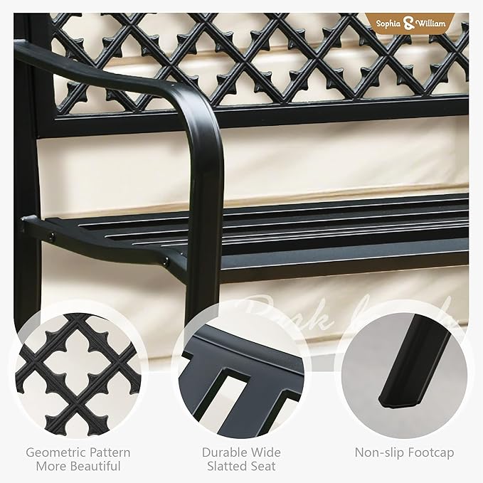 Sophia & William Outdoor Bench, 50 inches Metal Garden Bench, Cast Iron Park Benches for Outside with Floral Backrest and Straight Legs for Porch Yard Lawn Deck,Black
