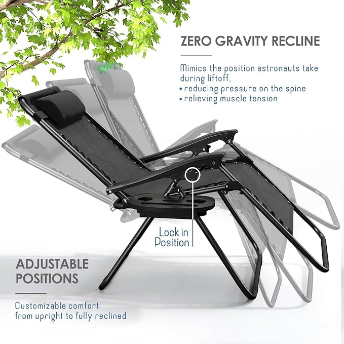 Nestl Zero Gravity Chairs Set of 2, Patio Lounge Chair Outdoor with Pillows & Cup Holder Trays, Adjustable Steel Mesh Reclining Camping Chair, Folding Patio Lawn Chair for Deck, Beach, Yard - Black