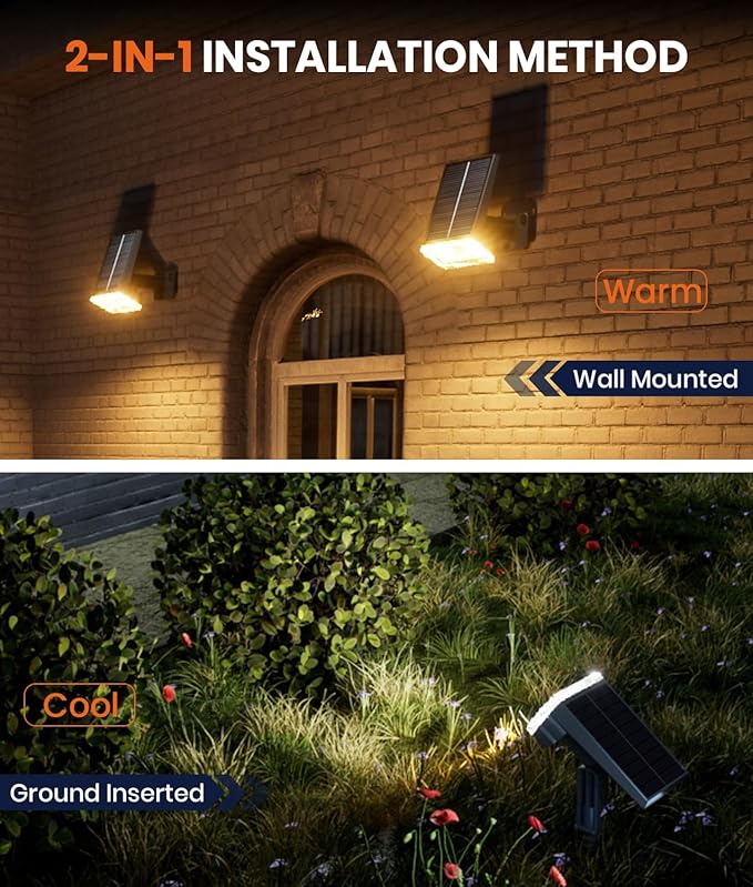 1 Pack Solar Spotlights Outdoor Waterproof IP67,Adjustable Wall&Ground Solar Lights Powered with 3 Colors, 3 Modes, Dusk to Dawn for Pathway/Garden/Yard/Patio/Driveway/Landscape Lighting Outside Décor