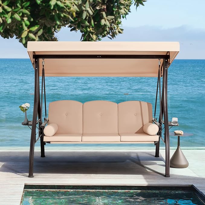 HOMREST 3 Person Outdoor Porch Swing with 1.5" Upgraded Cup Holder, Adjustable Canopy, Backrest, Patio Swing Bed with Weather Resistant Steel Frame, Cushions for Garden,Deck and Poolside(Khaki)