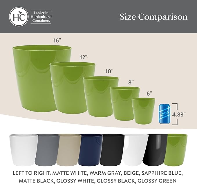 The HC Companies Aria Round Self-Watering Pot - Lightweight Plastic Planter for Herbs & More - Durable Plant Pots for Indoor Plants & Outdoor Plants (6" Glossy Avocado, Pack of 1)