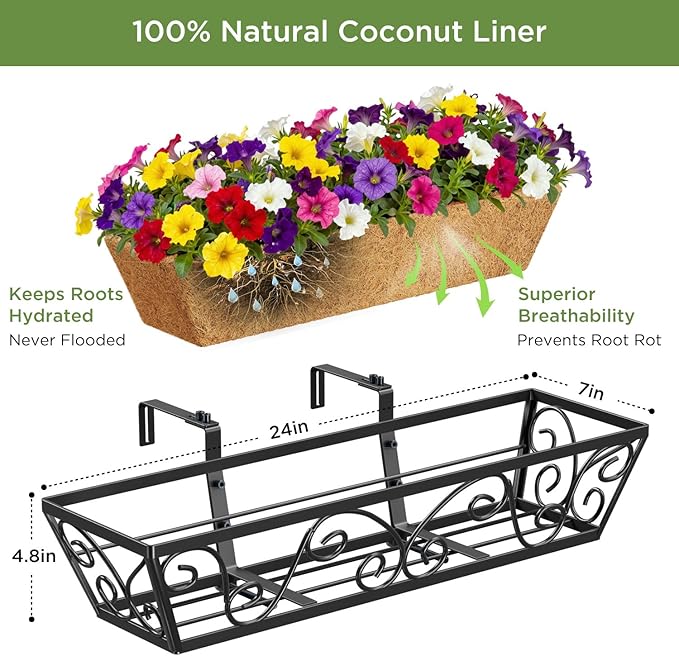 6pcs 24 Inch Window Deck with Coco Liner, 24" Window Boxes Horse Trough with Coconut Coir Liner, Metal Hanging Flower Planter Window Basket Deck Railing Planter Boxes for Outdoor Indoor Lawn