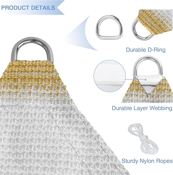 E&K Sunrise 19' x 19' x 19' Sun Shade Sail Triangle Canopy Shade Cover UV Block for Patio Backyard Garden Outdoor (Beige White Strip)