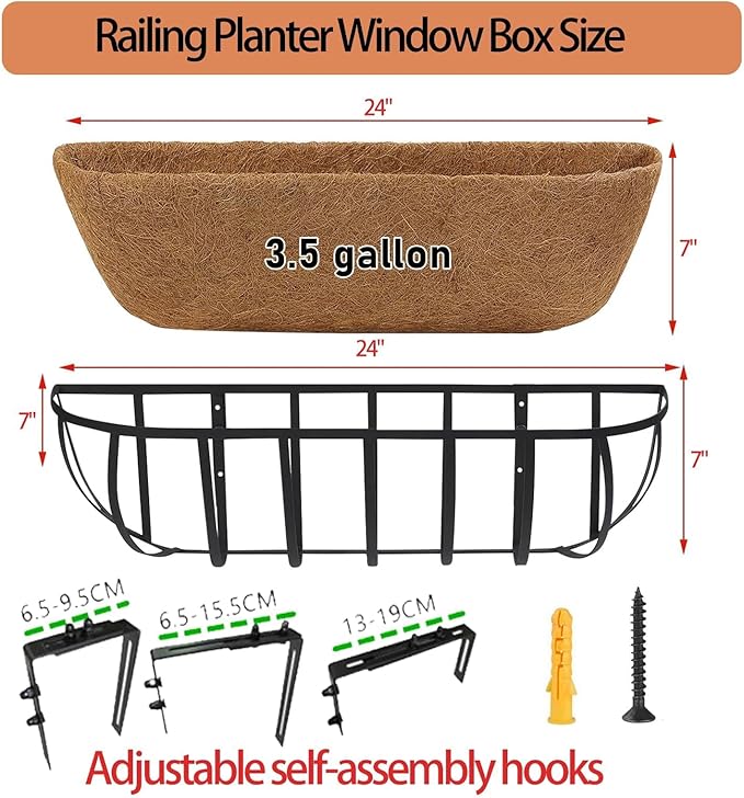 36'' Window Box Railing Planter with Coco Liner,4 Pack Horse Trough Planters Black Metal Hanging Flower Planters Basket for Porch Fence Patio Indoor Outdoor Lawn