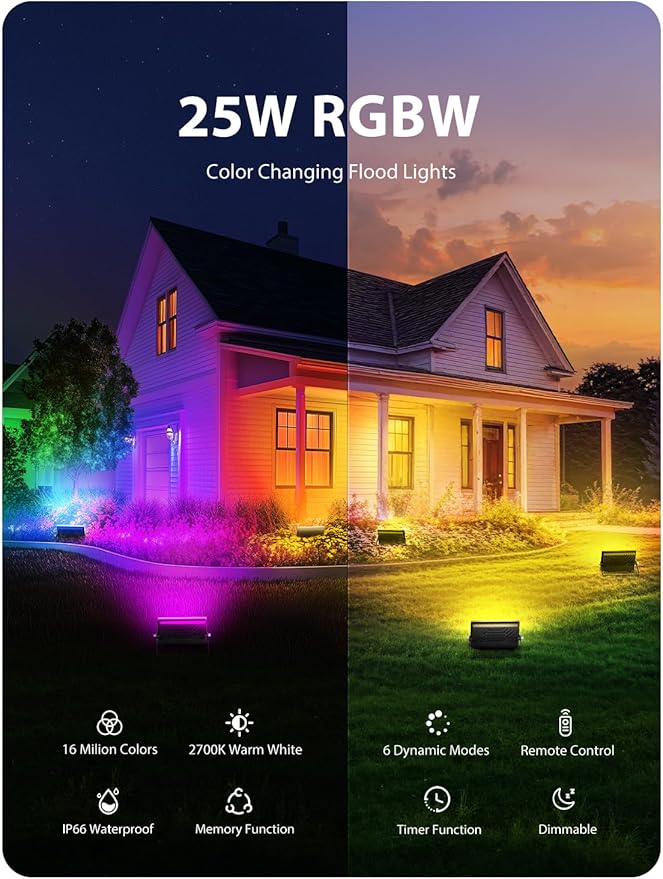 Onforu LED Flood Light Outdoor 250W Equivalent, 25W Color Changing RGBW Floodlight with Remote, 2700K Warm White IP66 Stage Lighting Indoor Uplights for Events, Uplighting for Party 4 Pack
