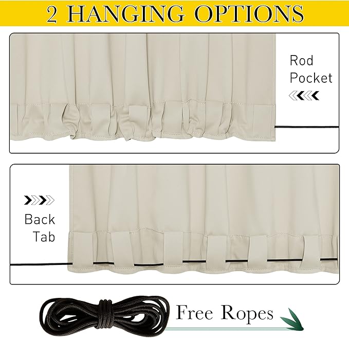NICETOWN 2 Panels Outdoor Curtains for Patio Waterproof & Windproof, Grommet & Back Tab on Top & Bottom Weighted Drapes Keep Sun/Rain Out with Bouns Rope for Deck, Beige, W84 x L108