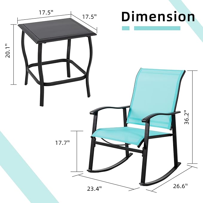 Vongrasig 3 Piece Outdoor Rocking Bistro Set, Textilene Fabric Small Patio Furniture Set, Front Porch Rocker Chairs Conversation Set with Glass Table for Lawn, Garden, Balcony, Poolside (Blue)
