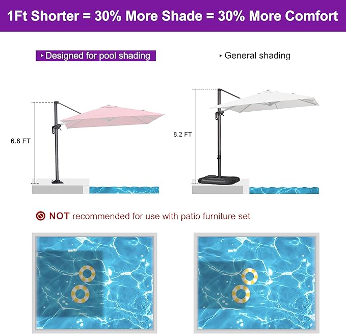 PURPLE LEAF 8' X 8' Patio Umbrella with Steel Plate Base for Pool 7' High Offset Outdoor Cantilever Umbrella Swimming Pool Umbrella with 360°Rotation for Poolside Terra