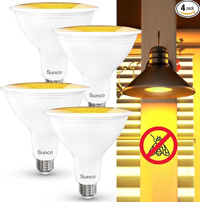 Sunco LED Yellow Bug Light Bulbs Outdoor PAR38 Bug Repellent Light for Porch, Backyard, Outside, 13W=90W, 2000K Amber Glow, Dimmable, 1050 LM, E26, Wet Rated, Instant On, Flicker Free ETL 4 Pack.