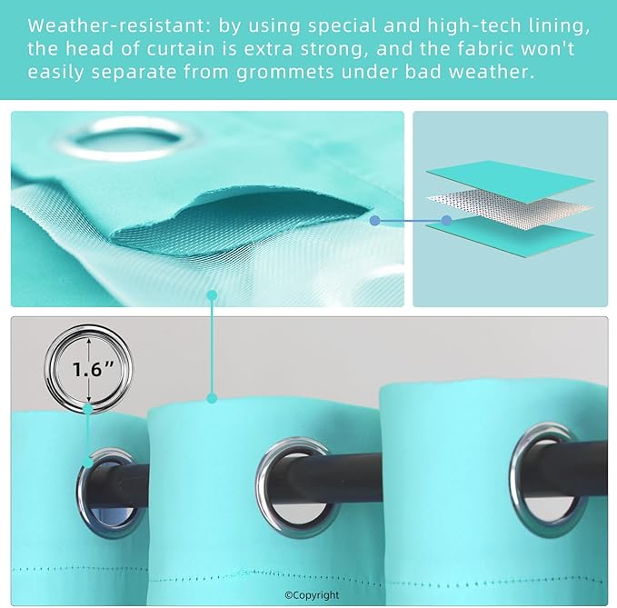 DIVA EN CAMINO DEC Outdoor Patio Curtain Waterproof Darkening Thermal Insulated Indoor Curtains for Bedroom, Porch, Living Room, Pergola, Cabana, W84 x L108, Teal Blue, Set of 2 Panels