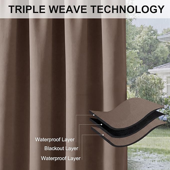 RYB HOME Extra Wide Outdoor Curtains for Patio Waterproof Heavy Duty Thermal Insulated in Summer Full Coverage Privacy for Gazebo, Cabana & Pergola, W100" x L90", Mocha, 1 Panel