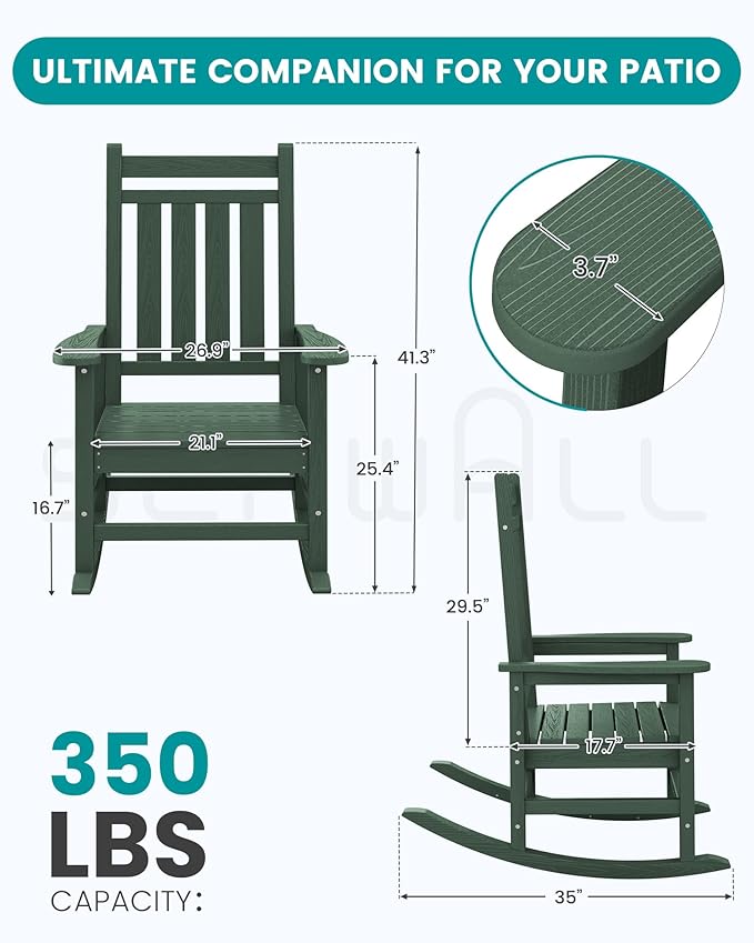 SERWALL HDPE Outdoor Rocking Chair Set of 8, Patio Rocking Chairs for Adults, All Weather Outdoor Rockers for Lawn, Green