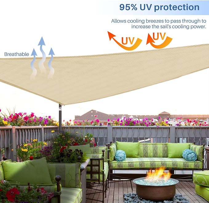 E&K Sunrise 11' x 11' x 11' Sun Shade Sail Triangle Canopy Shade Cover UV Block for Patio Backyard Garden Outdoor (Sand)