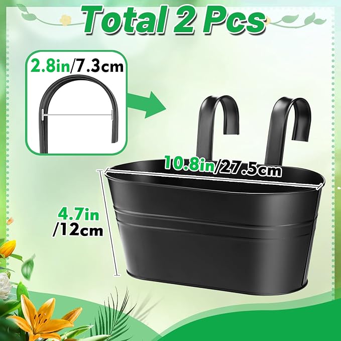 MADHOLLY Railing Planter with Drainage Holes - Sturdy Bucket Pots for Railing Fence, Countryside Style Metal Flower Pots for Herbs Balcony Garden Yard Decor, 2Pcs, Black