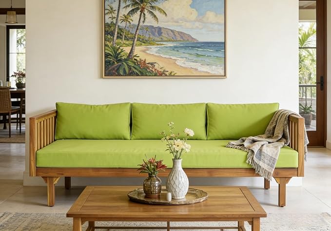 Merax Solid Acacia Wood Couch Chaise Lounge Chair Indoor, 3 Seater Daybed Sofa Couches with Cushions & Pillow, Heavy Frame Day Bed for Living Room, Office, Outdoor, Balcony, Patio, Water Resistant