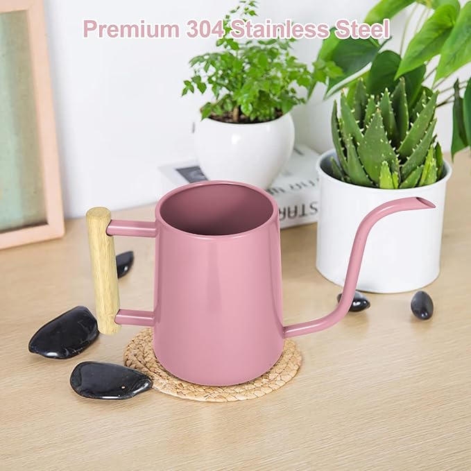 Watering Can Indoor Plants, 35 oz/1000 ml Metal Stainless Steel Watering Can Pot with Long Spout for Indoor House Plants Bonsai Outdoor Garden Flower Decorative (Pink)