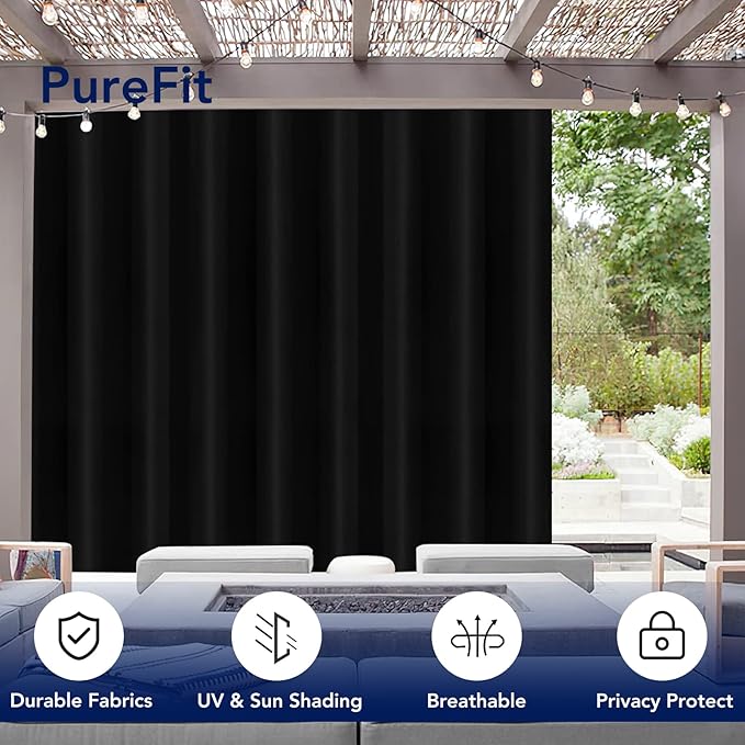 PureFit Outdoor Curtains for Patio Waterproof Weatherproof, UV Resistant Outside Curtains for Gazebo, Front Porch, Pergola, Sun Blocking Privacy Curtain, 100W x 120L inch, 1 Panel, Black