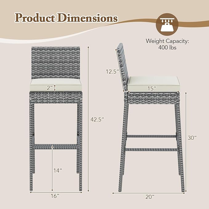 HAPPYGRILL Patio Wicker Barstools Set of 4, Outdoor Bar Height Chair w/Soft Seat Cushion & Cozy Footrest, Heavy-Duty Metal Frame, 400 lbs Max Load, Rattan Armless Bar Chairs